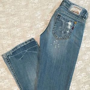 Mek Jeans, factory bleach spots & distressing, size 25 x 32.5